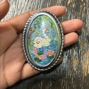 Petit Point Embroidered Swan Scape Brooch 🦢🦢
